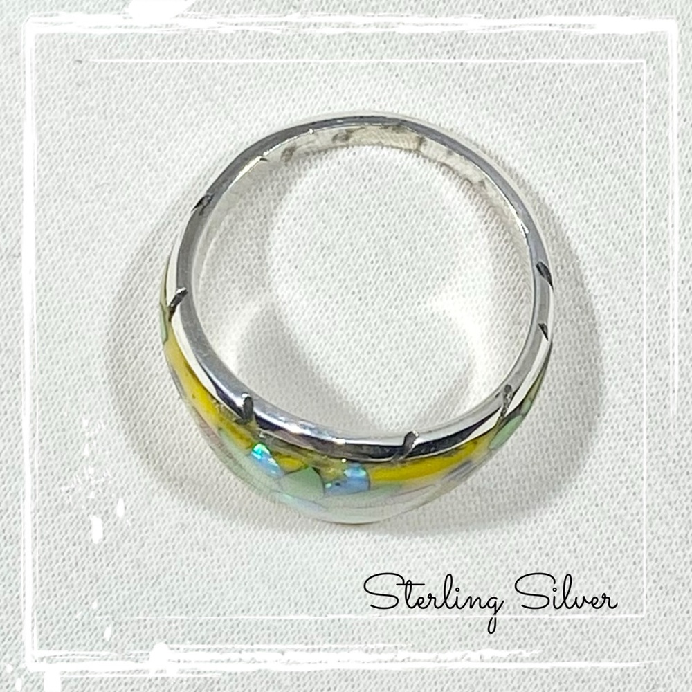 Signed-SM, Sterling Silver Multi Colored Flower Inlaid Gemstone Ring Size 9 - Picture 8 of 8